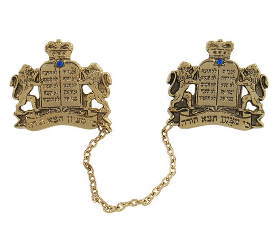 Gold Plated Tallit Prayer Shawl Clips - Tablets, Star of David and Lions