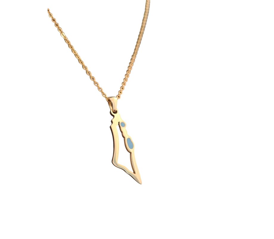 Gold Stainless Steel Pendant Necklace, Outline Map of Israel with Blue Enamel
