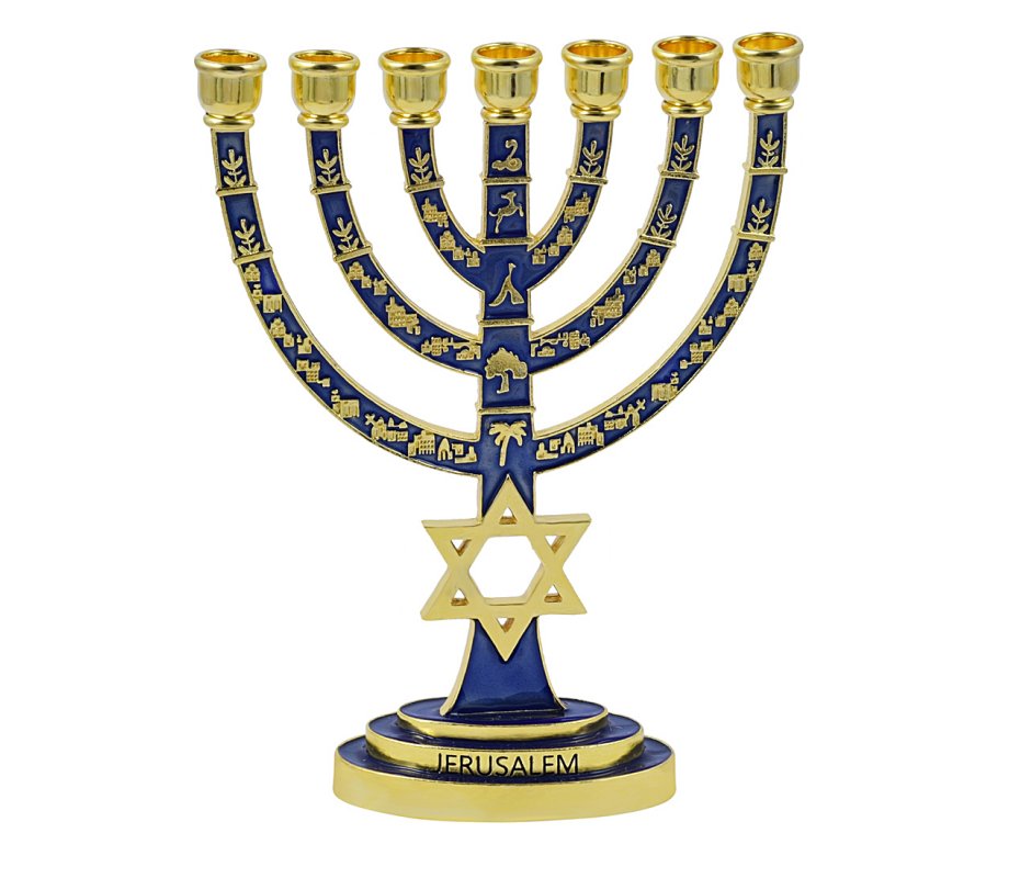 Gold with Blue Enamel 7-Branch Menorah, Judaic Emblems and Star of David – 9.5”