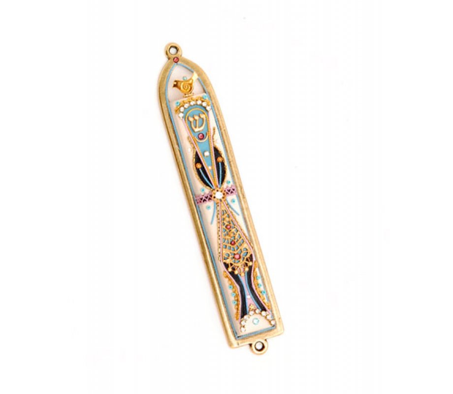 Gold-Blue Filigree Design Mezuzah by Ester Shahaf