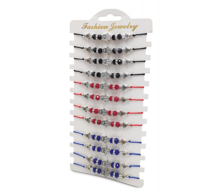 Good Luck Colored Cord Bracelet with Three Silver Hamsas & Beads  Package of 12