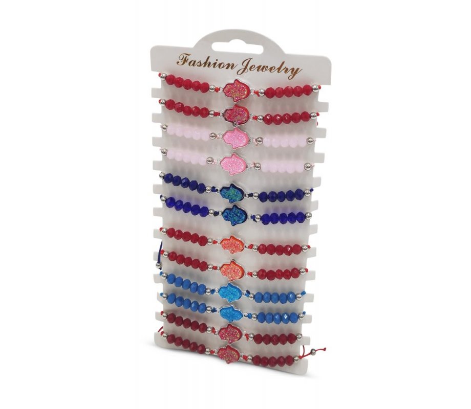 Good Luck Cord Bracelets, Hamsa Hand and Beads in Various Colors – Package of 12