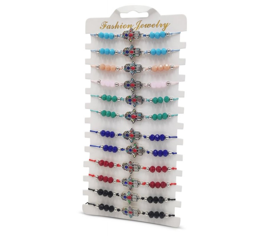 Good Luck Cord Bracelets with Decorated Hamsas and Colored Beads - Package of 12