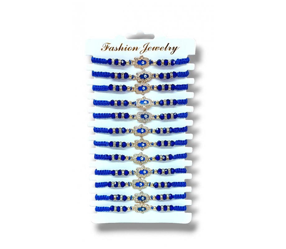 Good Luck Cord Bracelets with Protective Eye Hamsa, Blue Beads - Package of 12