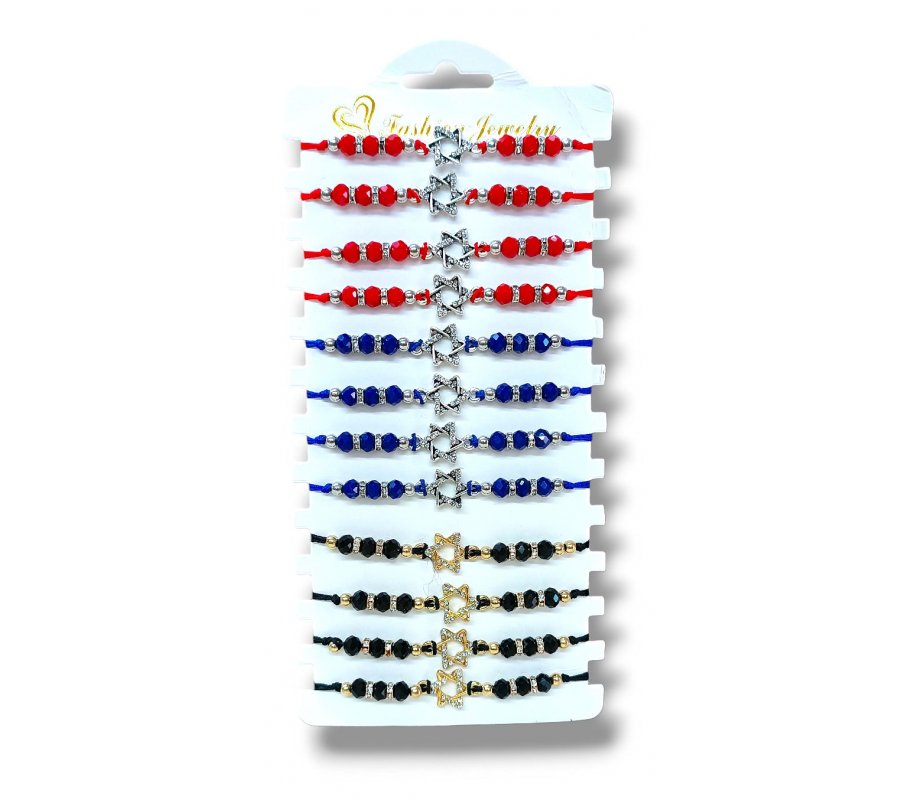 Good Luck Cord Bracelets with Star of David Image, Colored Beads - Package of 12