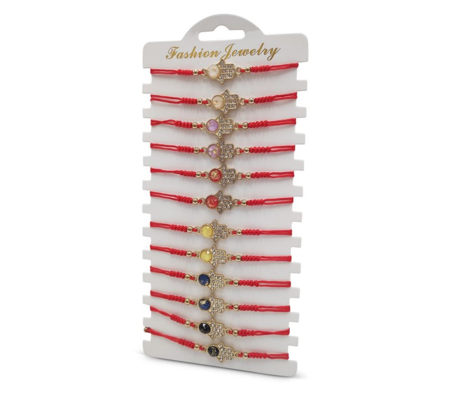 Good Luck Red Cord Bracelets, Decorative Gold Hamsas - Package of 12