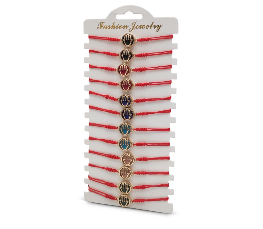 Good Luck Red Cord Bracelets with Colorful Hamsas – Package of 12