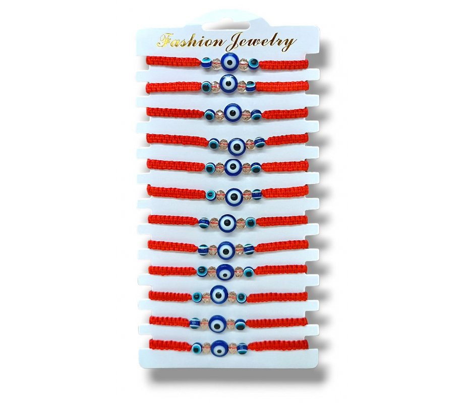 Good Luck Red Cord Bracelets with Protective Eye and Beads – Package of 12