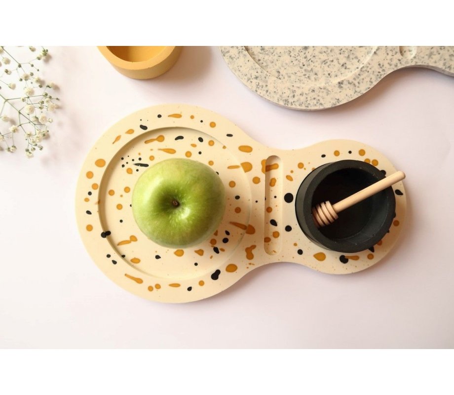 Graciela Noemi Handcrafted Apple Tray with Abstract Design and Black Honey Dish