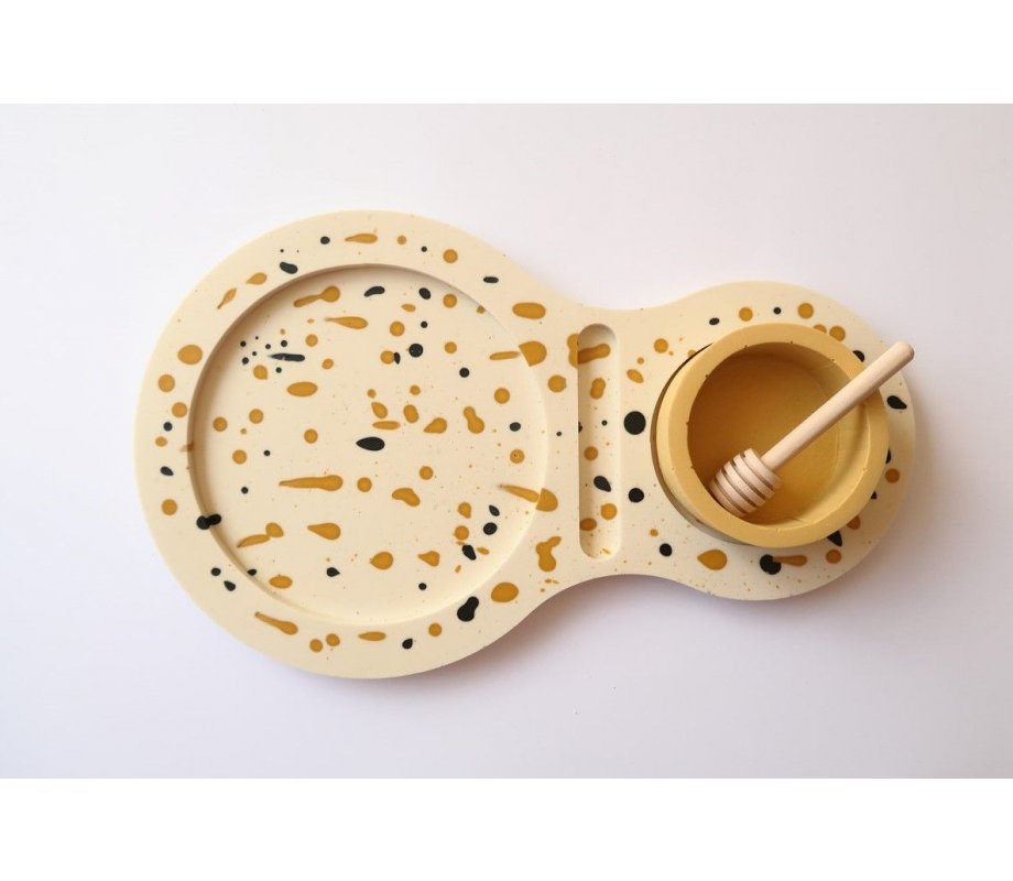 Graciela Noemi Handcrafted Apple Tray with Abstract Design and Yellow Honey Bowl