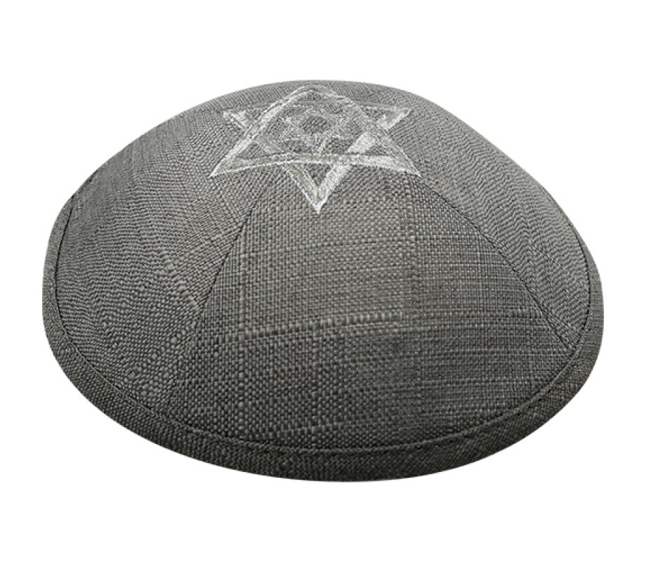 Gray Linen Fabric Kippah Yarmulke with Silver Double Star of David on Crown