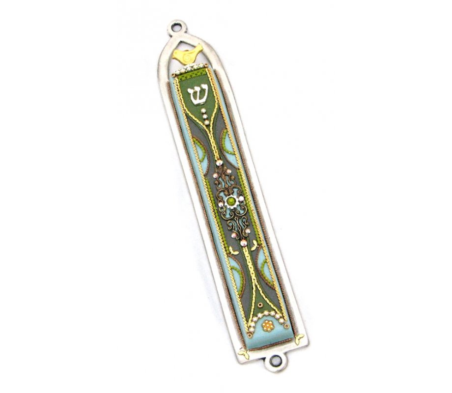 Green Oriental Design Mezuzah by Ester Shahaf