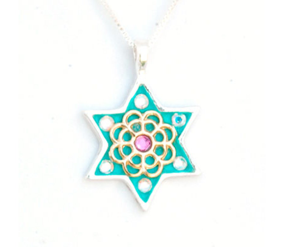 Green-Gold Flower Star of David Necklace by Ester Shahaf