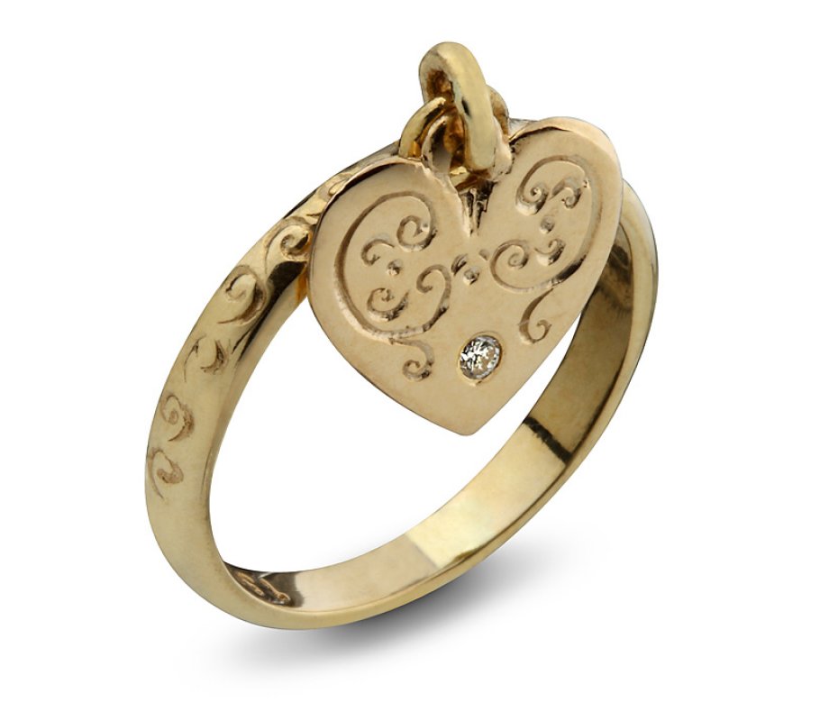 HaAri Gold Kabbalah Ring, Hanging Heart with Diamond - for Love and Matchmaking