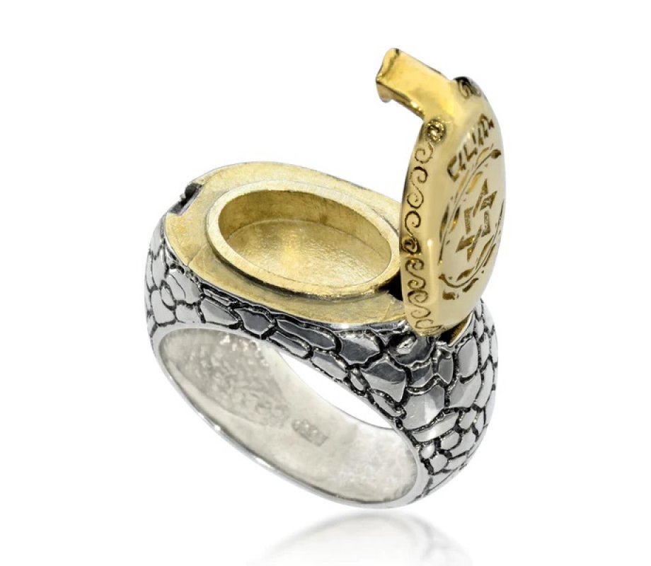 HaAri Silver and Gold Signet Snake Ring, Kabbalah Engravings and a Secret Drawer