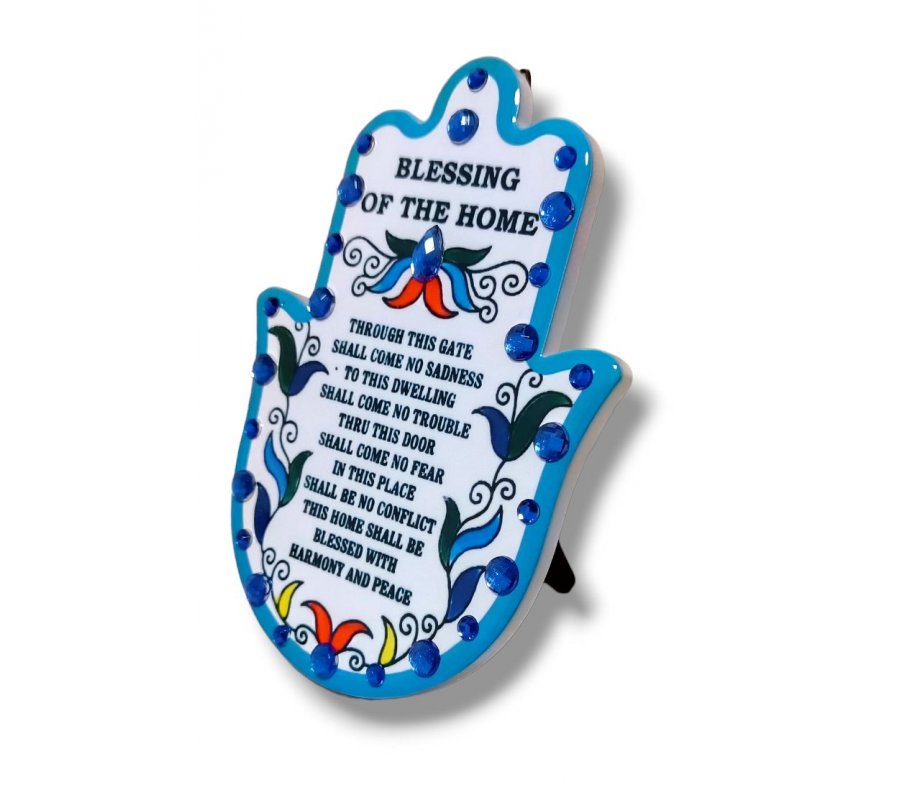 Hamsa English Home Blessing Plaque for Wall or Table - Blue with Gleaming Stones