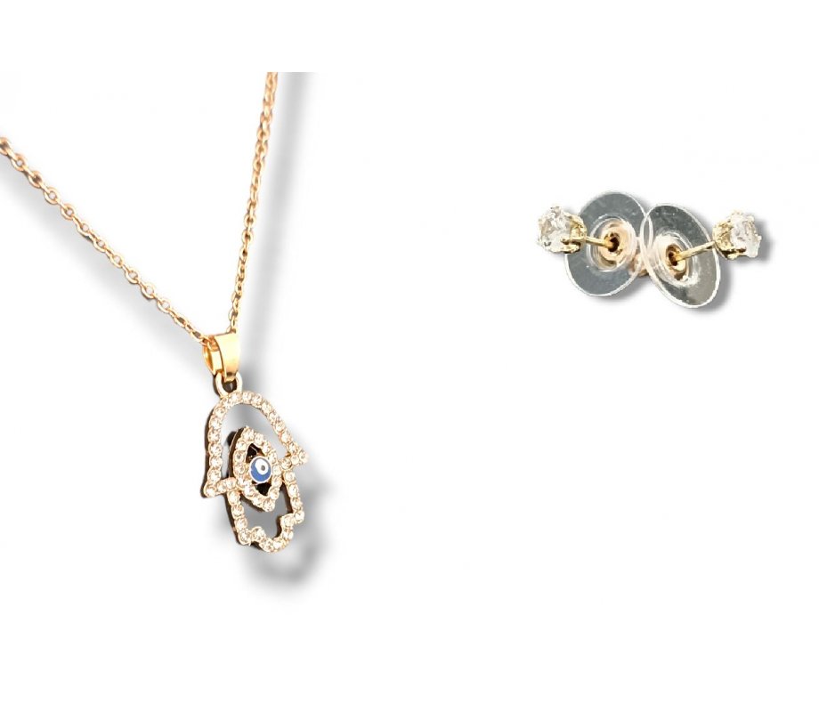 Hamsa Pendant Necklace with Stud Earrings, Rhodium – Choice of Silver or Gold
