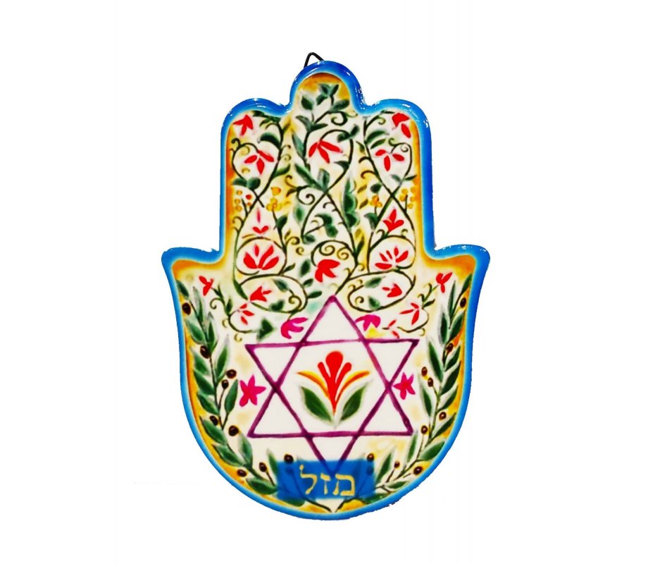 Hamsa Plaque for Wall or Table, Flowers Star of David and 