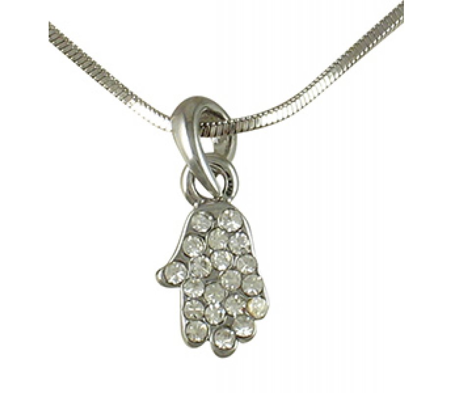 Hamsa Rhodium Necklace with white stones
