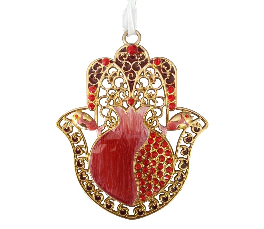 Hamsa Wall Decoration - Red Enamel Pomegranate and Crystals