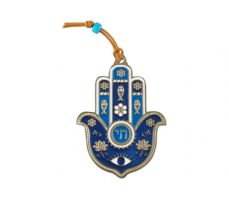 Hamsa Wall Decoration, Hebrew Chai with Good Luck Symbols – Silver and Blue