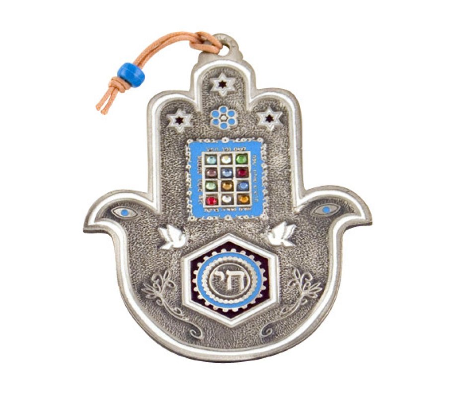 Hamsa Wall Decoration with Chai and Colorful Breastplate Stones