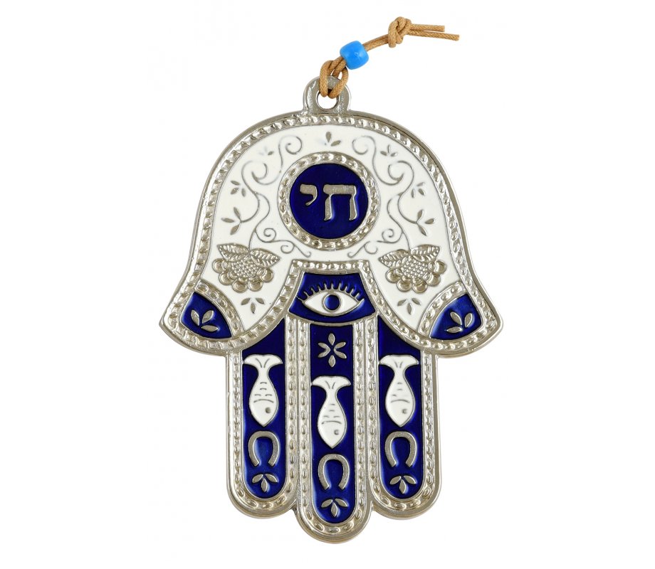 Hamsa Wall Decoration with Chai and Good Luck Symbols - Dark Blue