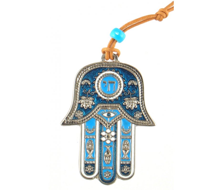 Hamsa Wall Decoration with Chai and Good Luck Symbols - Silver and Blue