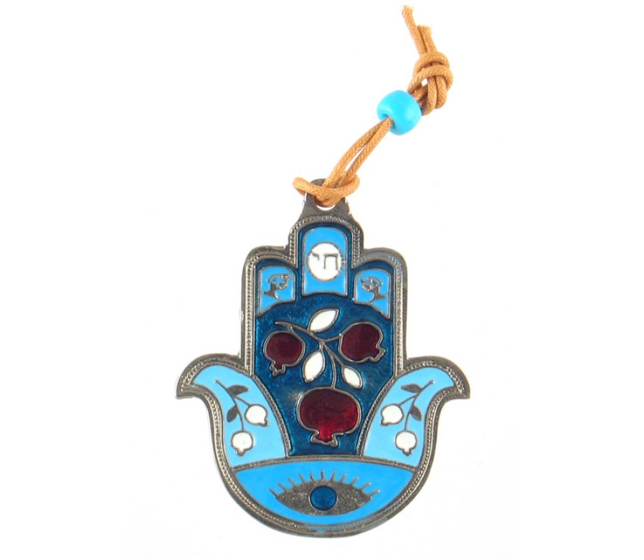Hamsa Wall Decoration with Good Luck Symbols and Pomegranates - Blue