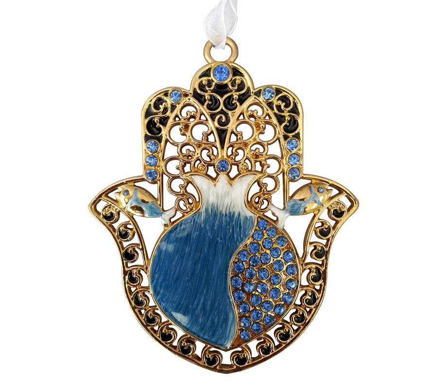 Hamsa with Blue Enamel Pomegranate and Crystals