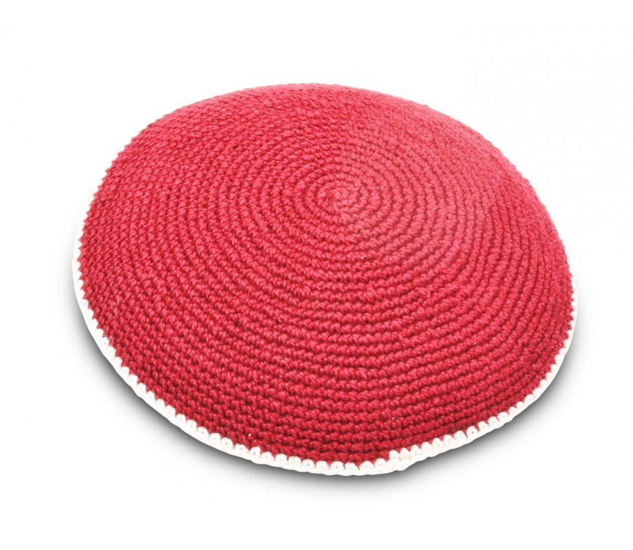 Hand Knitted Cotton Kippah - Deep Maroon with Beige Border