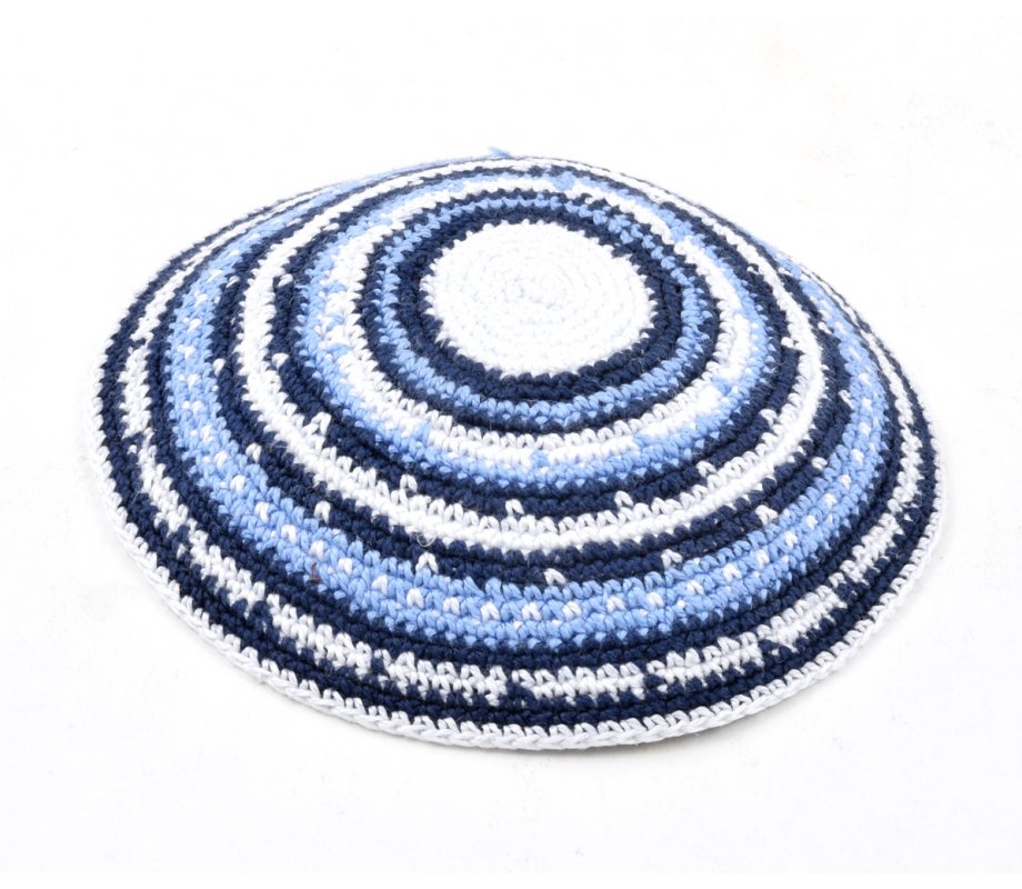 Hand Knitted Premium DMC Cotton Kippah - Blue, White and Light Blue Stripes