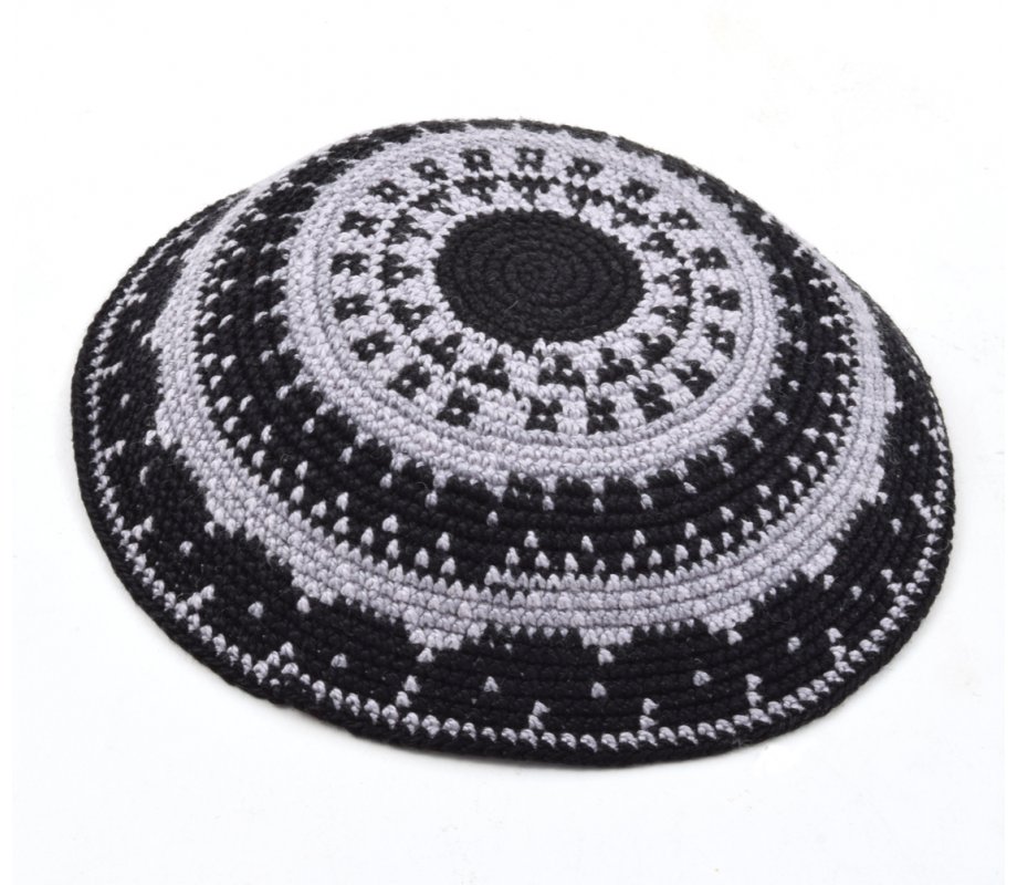 Hand Knitted Premium DMC Cotton Kippah - Gray and Black Design