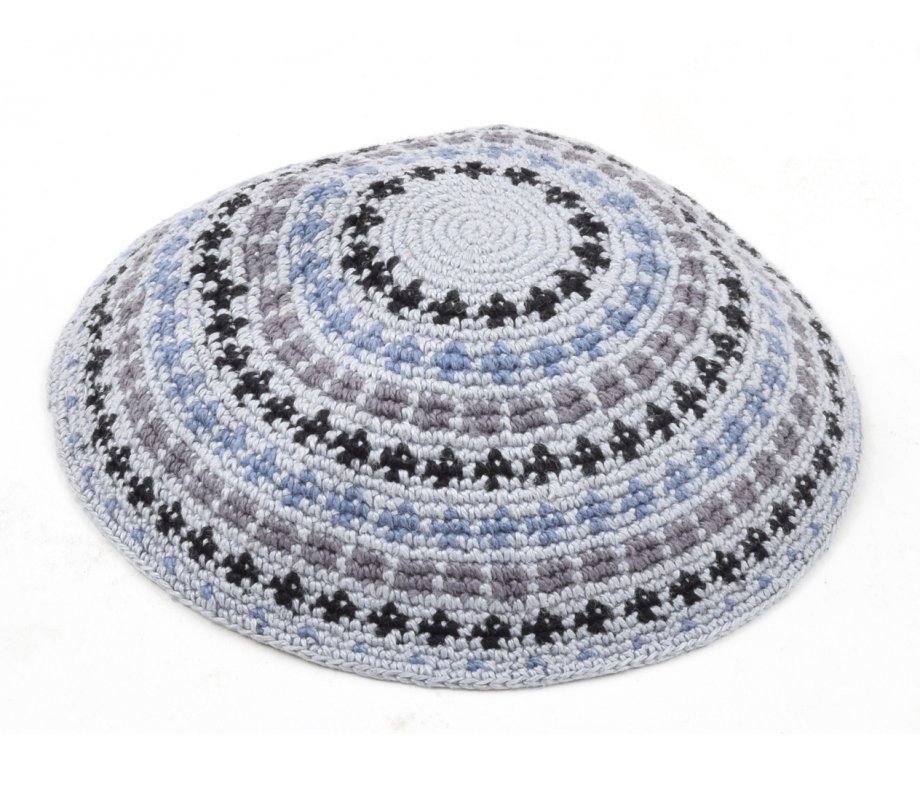 Hand Knitted Premium DMC Cotton Kippah - Gray and Black Design