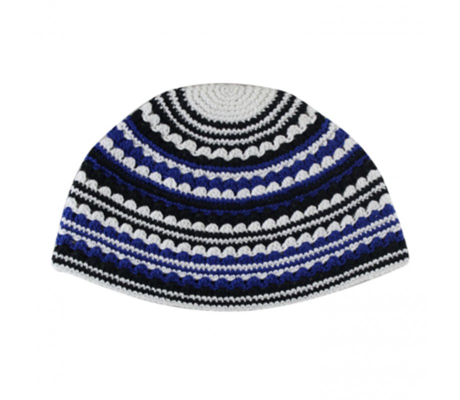 Hand Made Frik Kippah with White, Blue and Black Stripes