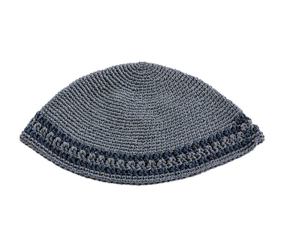 Hand Made Knitted Fabric Gray Frik Kippah with Dark Gray Decorative Border
