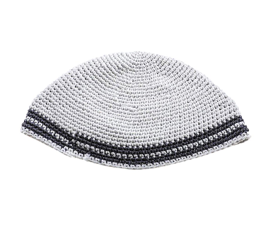 Hand Made White Frik Kippah with Gray Border Stripes