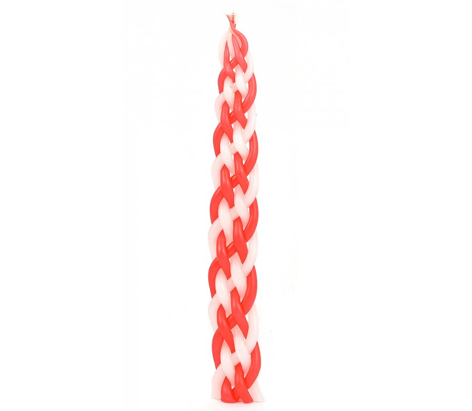 Handmade Braided Paraffin Wax Havdalah Candle - Red and White