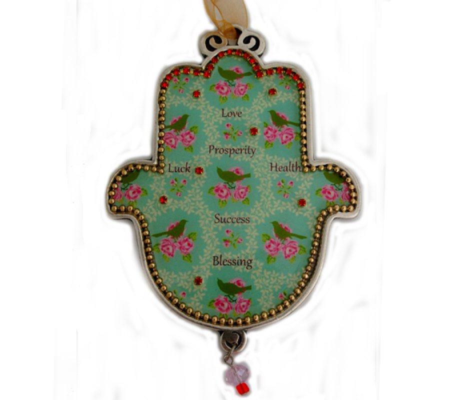 Iris Design Hamsa Wall Plaque, Beaded Roses and Birds English Blessing Words