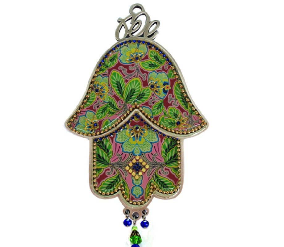 Iris Design Hamsa Wall Plaque, Green and Pink Foliage with Gold Protective Eye