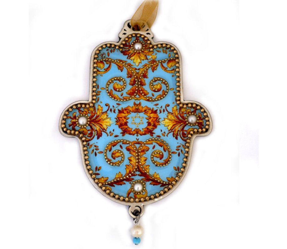 Iris Design Hamsa Wall Plaque, Turquoise and Gold Swirls with Star of David