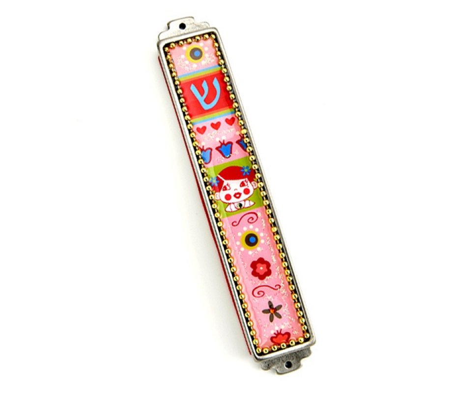 Iris Design Hand Painted Girls Mezuzah Case, Pewter Enamel Beaded - Pink
