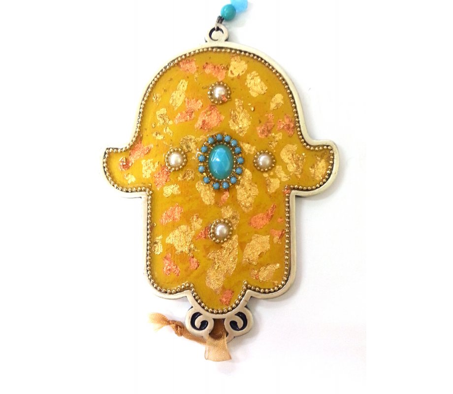 Iris Design Hand Painted Wall Hamsa, Leaf Design on Gold - Beads and Crystals