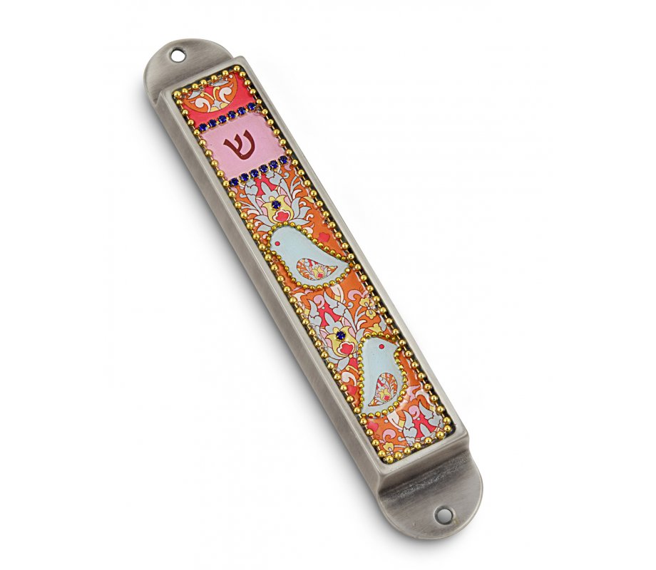Iris Design Handcrafted Pewter & Enamel Beaded Colored Mezuzah Case - Love Birds