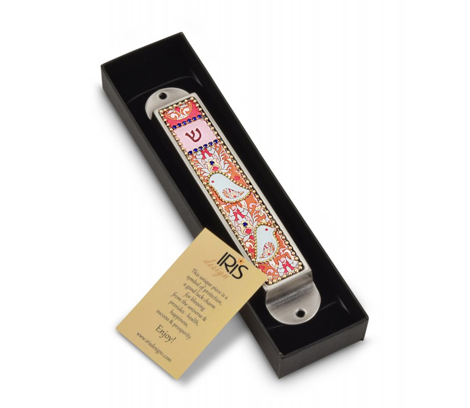 Iris Design Handcrafted Pewter & Enamel Beaded Colored Mezuzah Case - Love Birds