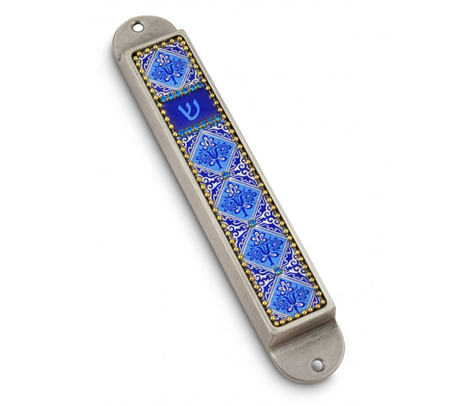 Iris Design Handcrafted Pewter & Enamel Beaded Mezuzah Case - Blue Flowers