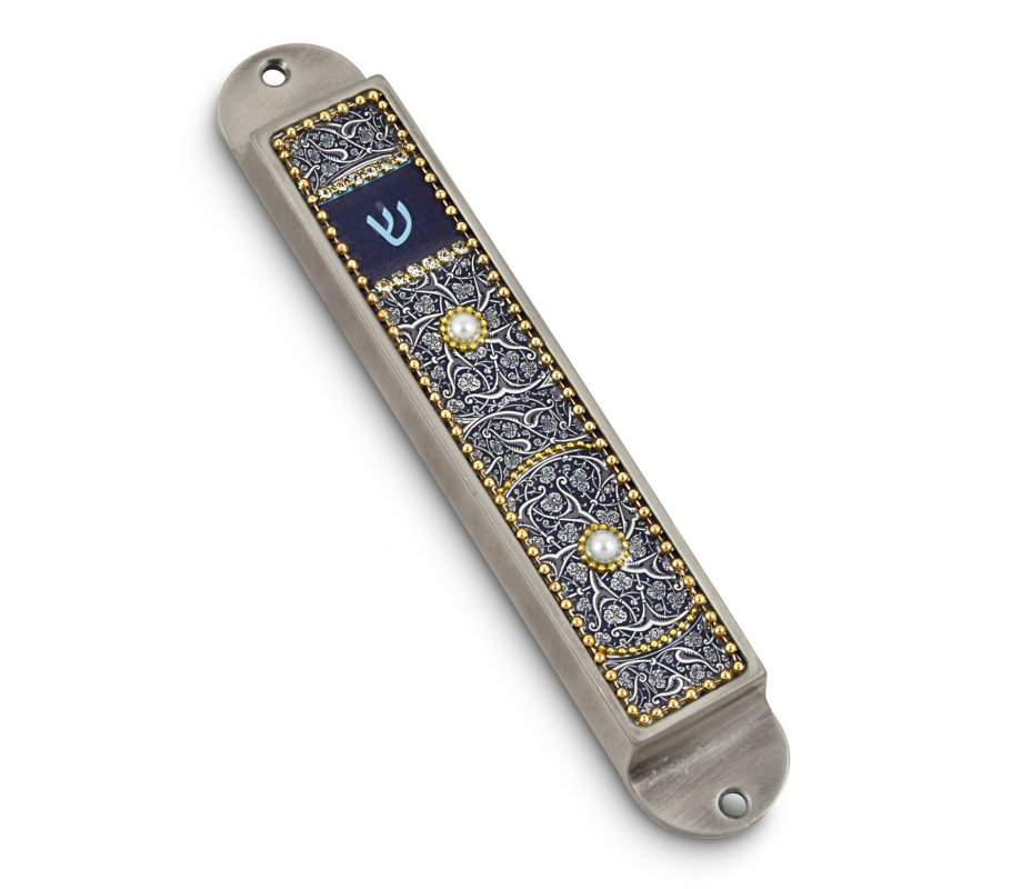 Iris Design Handcrafted Pewter & Enamel Beaded Mezuzah Case - Dark Blue Swirls