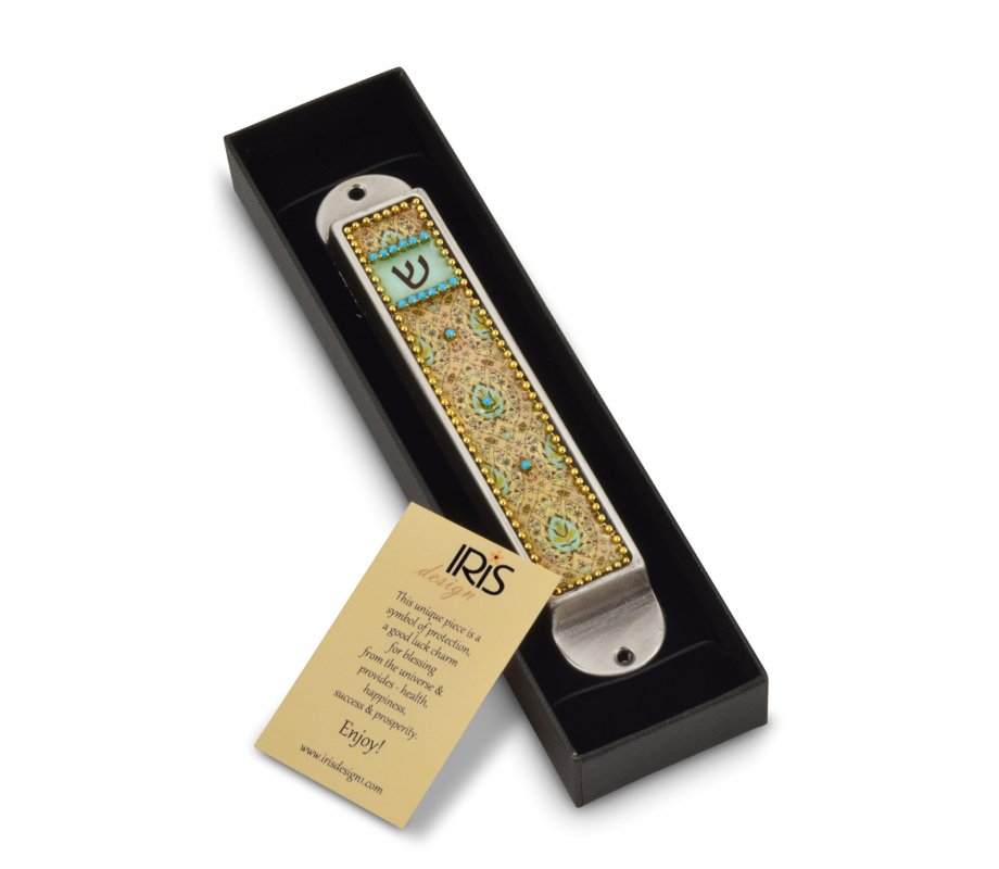 Iris Design Handcrafted Pewter & Enamel Beaded Mezuzah Case - Floral Geometrics
