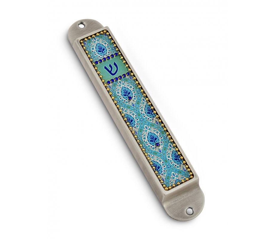 Iris Design Handcrafted Pewter & Enamel Beaded Mezuzah Case - Floral Ovals