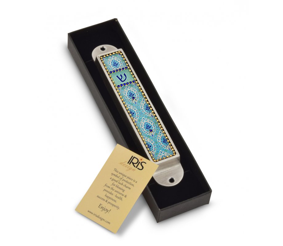 Iris Design Handcrafted Pewter & Enamel Beaded Mezuzah Case - Floral Ovals